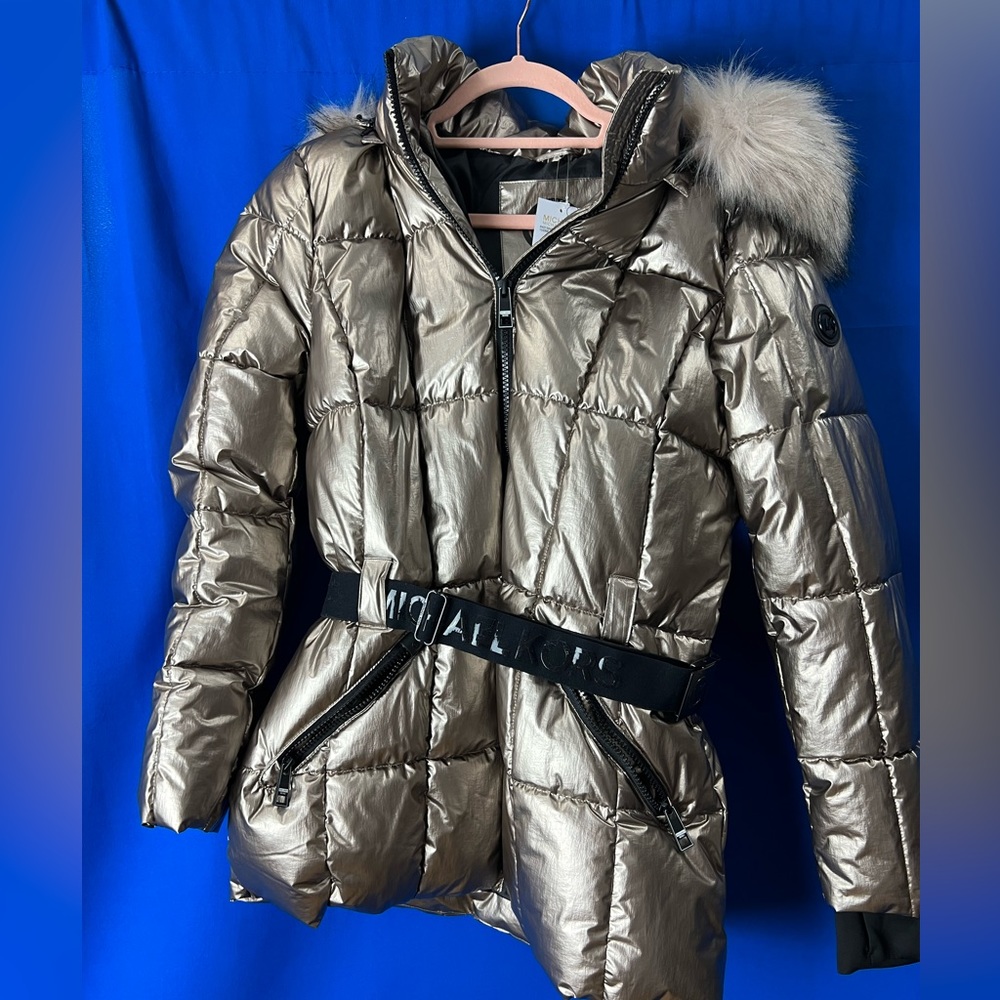 Michael Kors fur hooded metallic puffer jacket